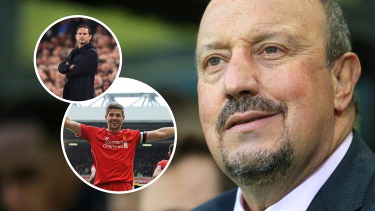 Rafa Benitez watches on ahead of Everton's Premier League match against Norwich City at Goodison Park. Steven Gerrard celebrates after scoring for ...