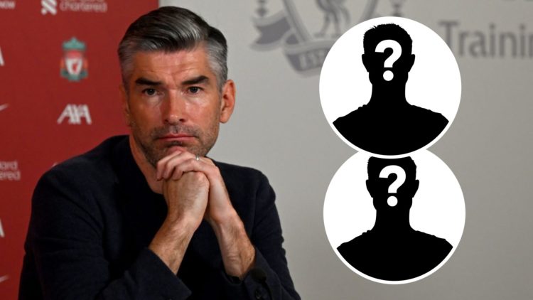 Richard Hughes answers questions at a press conference after being unveiled as Liverpool's new sporting director. Mystery player silhouette with qu...