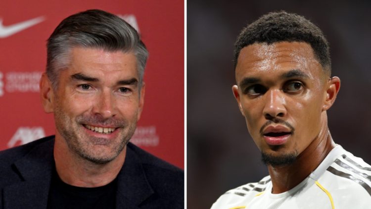 Richard Hughes takes questions at a press conference after being unveiled as Liverpool's new sporting director. Trent Alexander-Arnold in action fo...