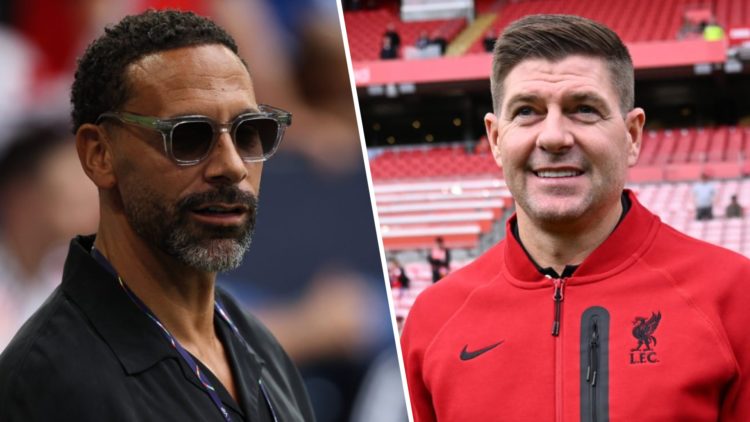 Left: Rio Ferdinand pictured during his punditry duties. Right: Steven Gerrard lining up for a Liverpool legends match.