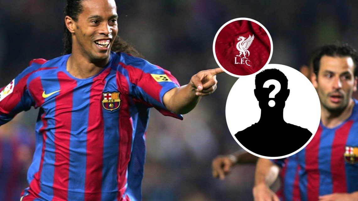 Ronaldinho celebrates scoring for Barcelona against Cadiz in La Liga. Close-up of Liverpool badge on the 2022/23 home shirt. Mystery player silhoue...