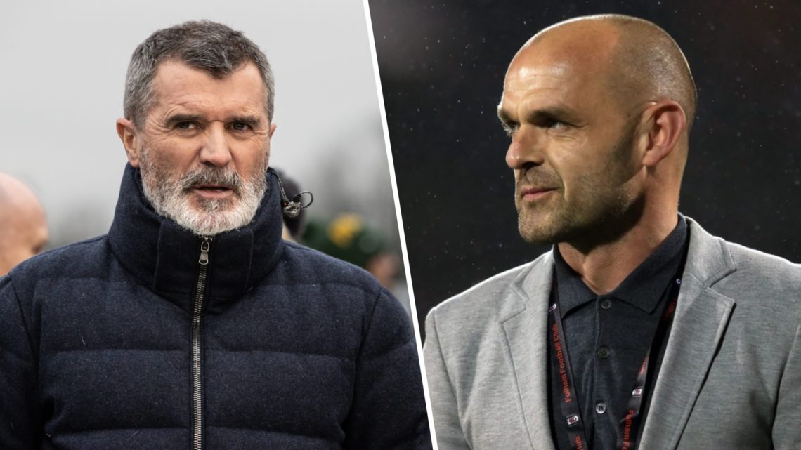 Left: Roy Keane pictured doing his punditry duties. Right: Danny Murphy pictured in a suit walking out at Craven Cottage.