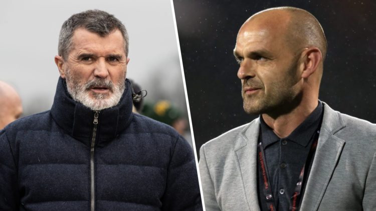 Left: Roy Keane pictured doing his punditry duties. Right: Danny Murphy pictured in a suit walking out at Craven Cottage.