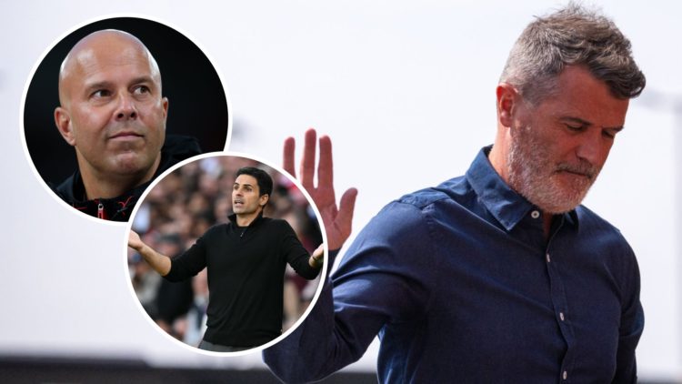 Arne Slot (right) looks on during match, Mikel Arteta (right) raises hands during Manchester City game, Roy Keane (right) raises his hand at footba...