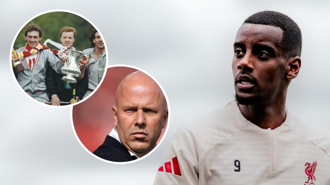 Steve Nicol (top left) celebrates cup win, Arne Slot (bottom left) looks on during game, Alexander Isak (right) in first Liverpool training session