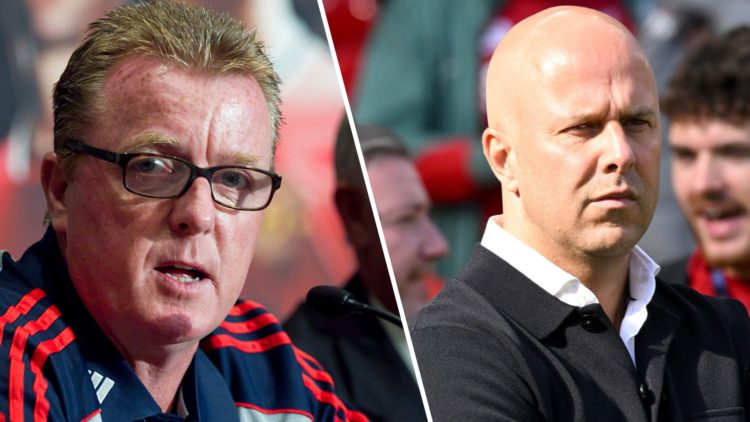 New England Revolution manager Steve Nicol sits next to Sir Alex Ferguson during a press conference. Arne Slot, Manager of Liverpool, looks on prio...
