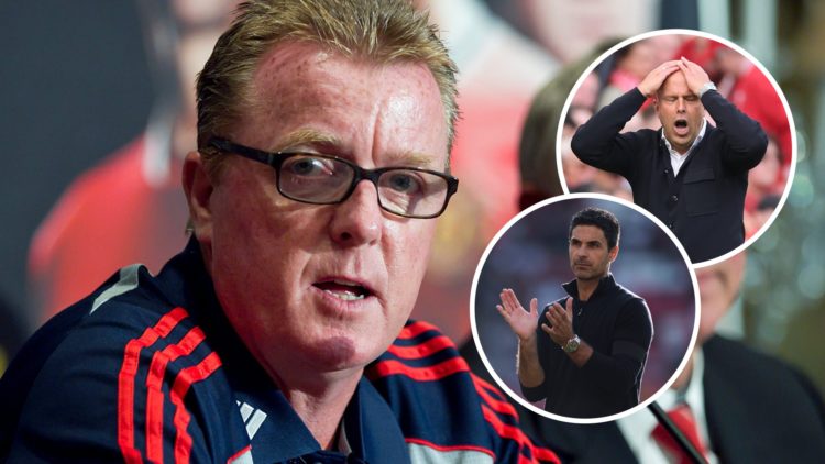 Steve Nicol (left) speaks at press conference, Arne Slot (top right) puts his hands on his head, Mikel Arteta (bottom right) claps following game