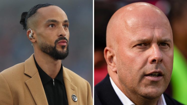 Theo Walcott (left) looks on before a broadcast, Arne Slot (right) looks on from the bench during the match