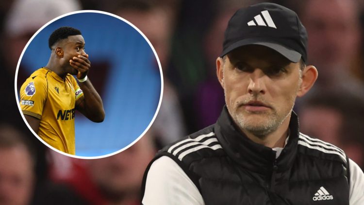 Main: Thomas Tuchel on the Bayern Munich touchline. Insert: Picture of Marc Guehi covering his mouth after scoring for Crystal Palace.