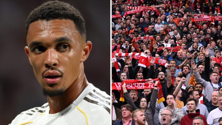 Trent Alexander-Arnold in action during Real Madrid's La Liga match against Osasuna. Liverpool supporters at Anfield ahead of a Premier League matc...