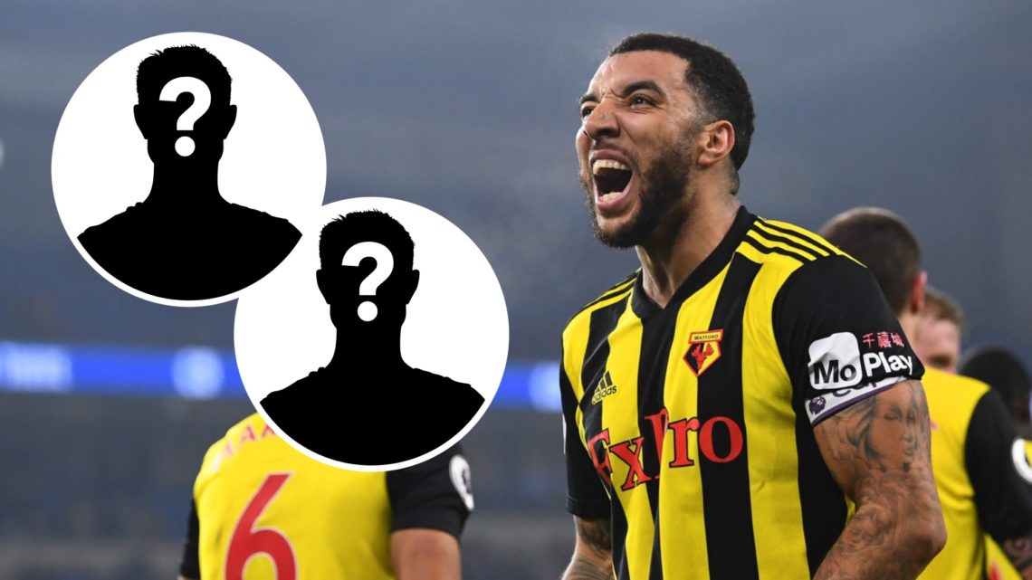 Two mystery silhouettes (left) Troy Deeney (right) celebrates goal against Cardiff City