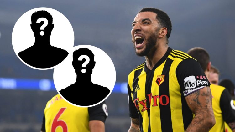 Two mystery silhouettes (left) Troy Deeney (right) celebrates goal against Cardiff City