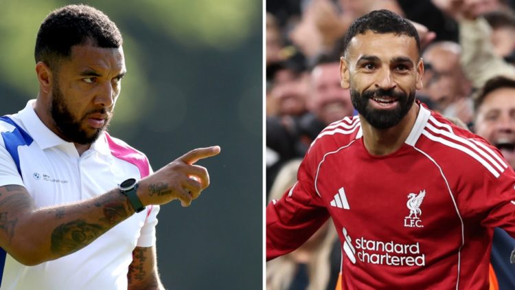 Troy Deeney (left) points during golf tournament, Mohamed Salah (right) celebrates goal against Atletico Madrid