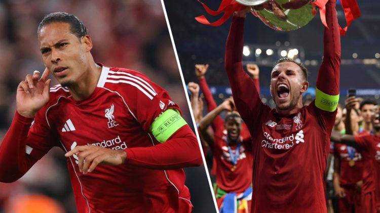 Virgil van Dijk celebrates scoring for Liverpool against Atletico Madrid in the UEFA Champions League at Anfield. Liverpool captain Jordan Henderso...