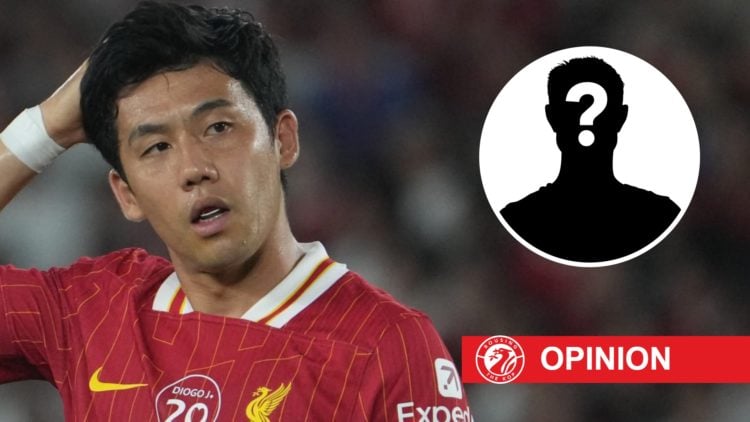 Main: Wataru Endo with his hand on the back of his head while playing for Liverpool. Insert: Mystery player.