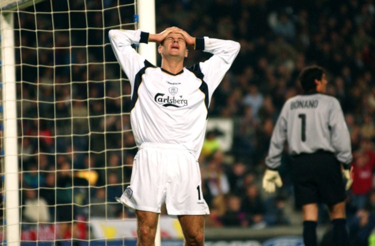 13 Mar 2002:  Despair for Steven Gerrard of Liverpool as he misses a glorious chance to score during the UEFA Champions League Second Stage Group B...
