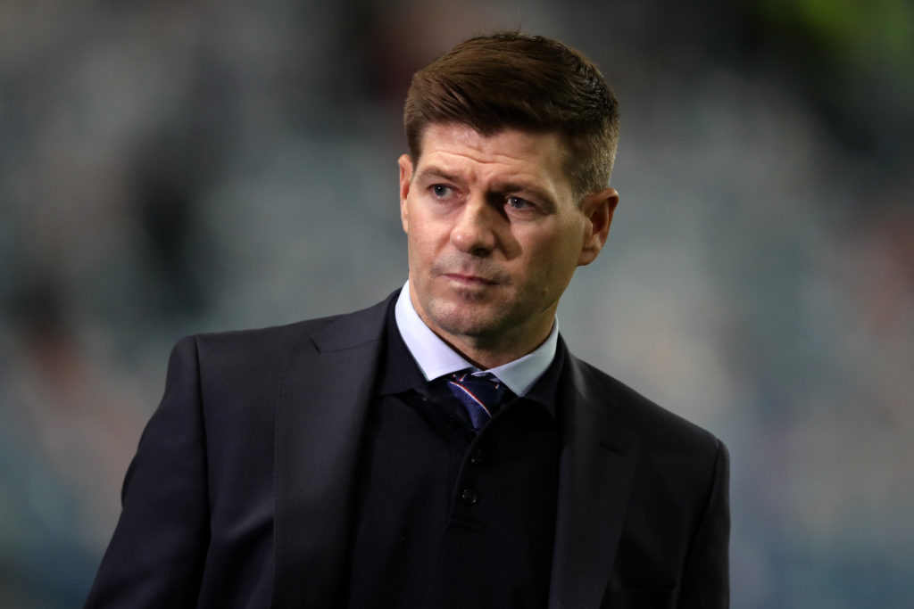 Steven Gerrard, former Manager of Rangers looks on prior to the UEFA Europa League group A match between Rangers FC and Brondby IF at Ibrox Stadium