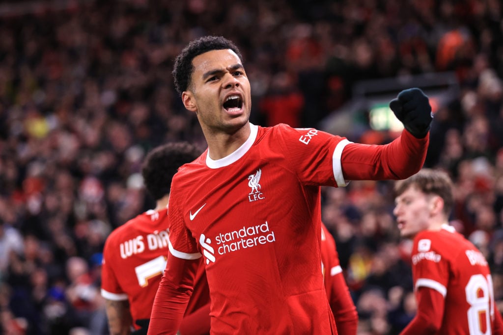 Cody Gakpo celebrates after scoring during Liverpool's Carabao Cup semi-final against Fulham at Anfield.