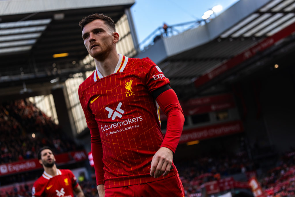 Andy Robertson pictured ahead of Liverpool's Premier League match against Chelsea at Anfield.