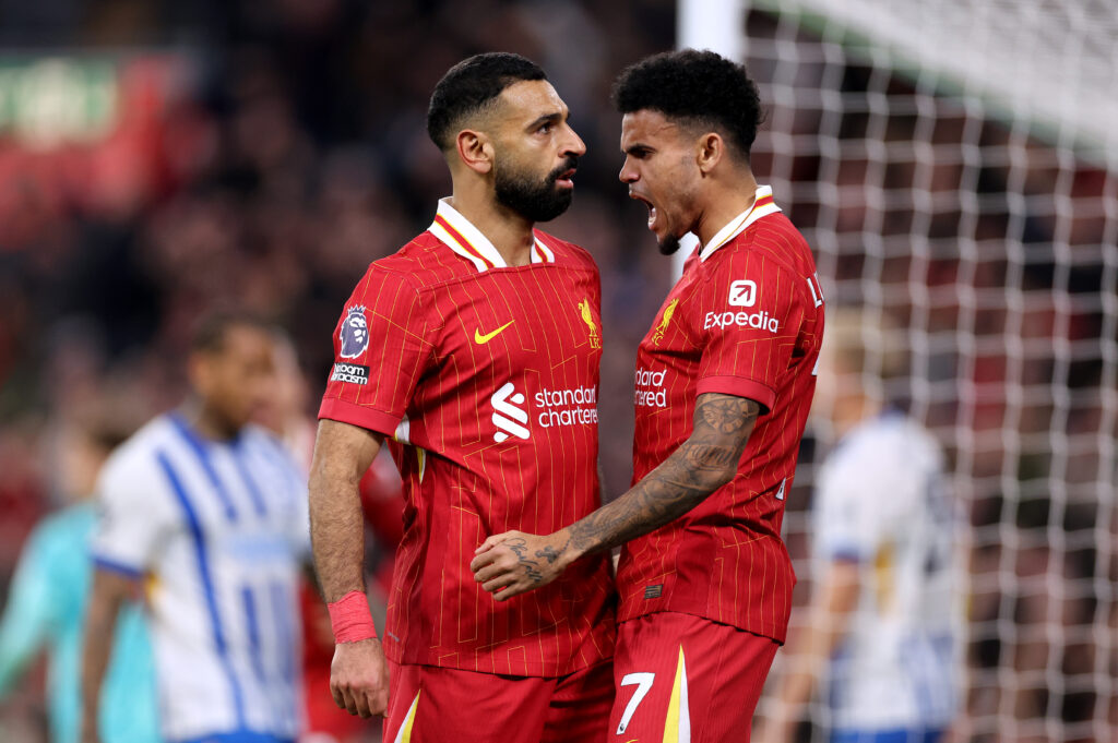 Mohamed Salah celebrates with Luis Diaz in front of the Anfield crowd vs Brighton and Hove Albion