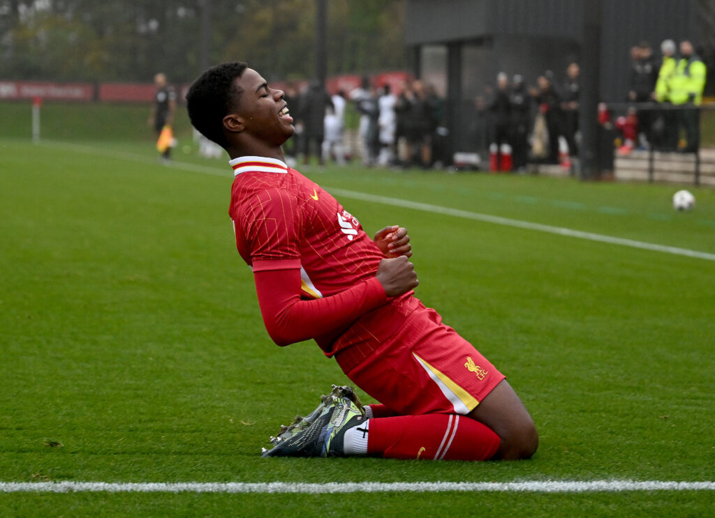 Keyrol Figueroa of Liverpool celebrates scoring Liverpool's third goal during the UEFA Youth League game at AXA Melwood Training Centre