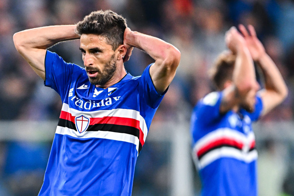 Fabio Borini (left) and Giuseppe Sibilli of Sampdoria react with disappointment during the Serie B match between UC Sampdoria and US Salernitana 1919 at Stadio Luigi Ferraris on May 9, 2025.