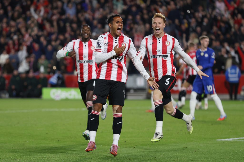 Fabio Carvalho celebrates scoring a late equaliser for Brentford during their Premier League match against Chelsea at the Gtech Community Stadium.