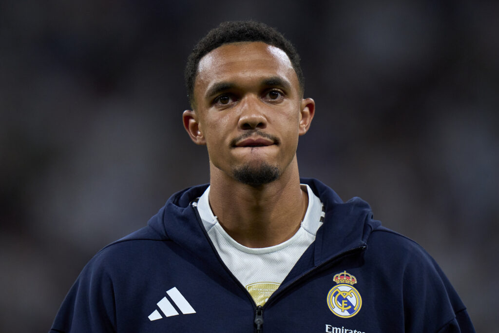 Trent Alexander-Arnold of Real Madrid CF reacts prior the UEFA Champions League 2025/26 League Phase MD1 match between Real Madrid C.F. and Olympique de Marseille at Estadio Santiago Bernabeu.
