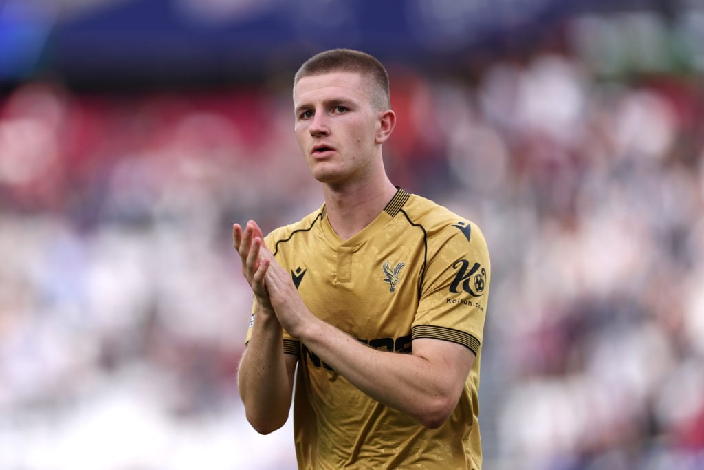 Adam Wharton applauds fans after Crystal Palace's Premier League match against West Ham United at the London Stadium.
