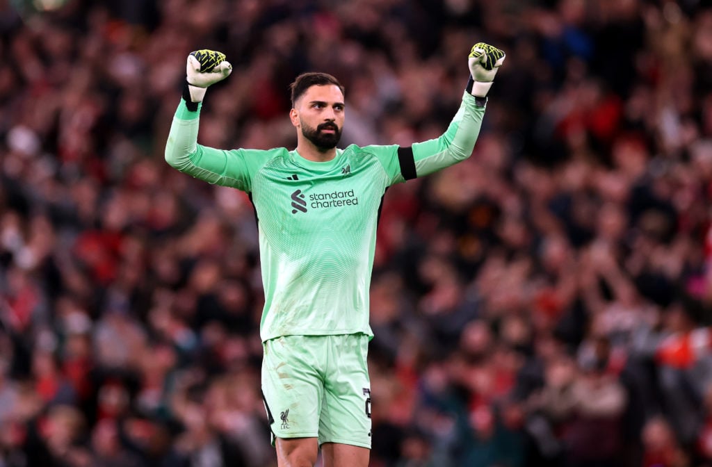 Giorgi Mamardashvili celebrates a Liverpool goal during the Carabao Cup match against Southampton at Anfield.