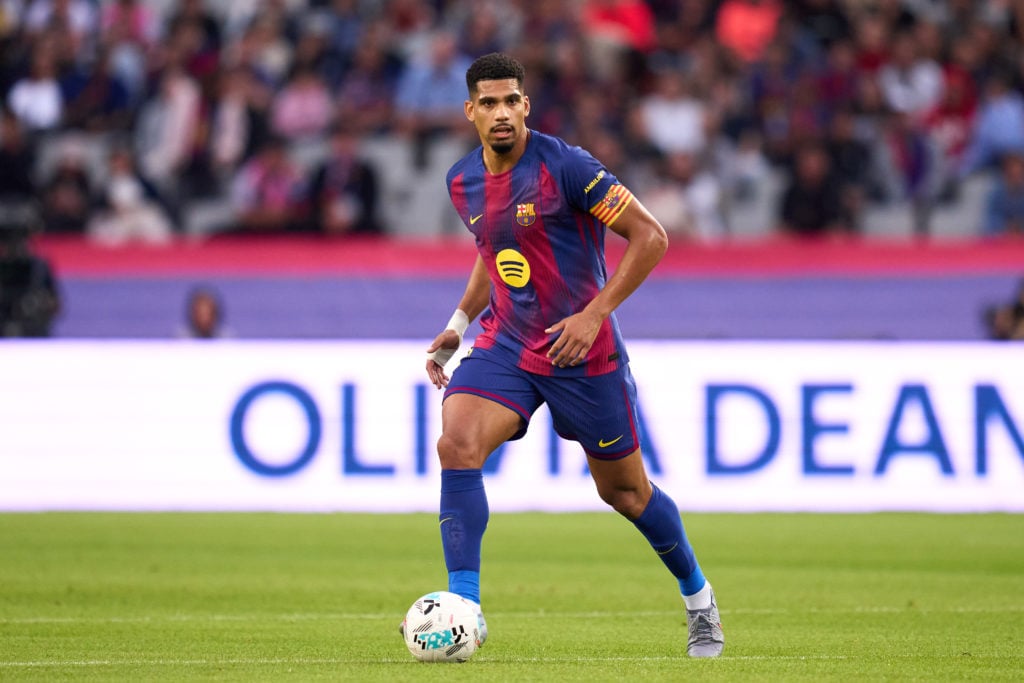 Barcelona defender Ronald Araujo on the ball during a La Liga match against Real Sociedad