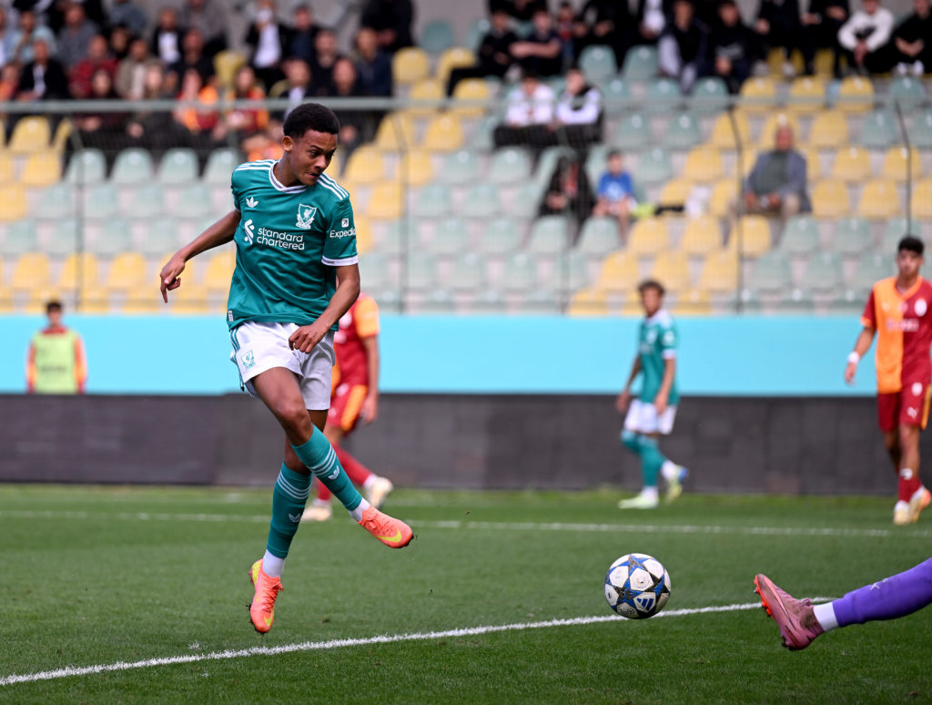 Josh Sonni-Lambie of Liverpool U19 scoring the second goal making the score 0-2 during the UEFA Youth League match between Galatasaray U19 and Liverpool U19 at Esenler Erok Stadium