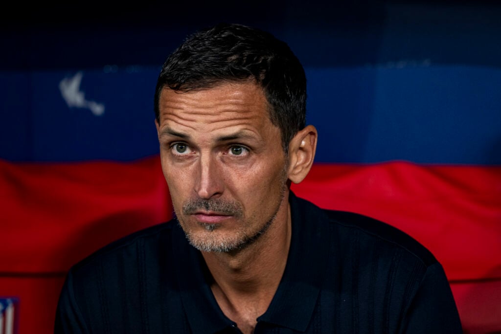Dino Toppmoller, head coach of Eintracht Frankfurt, sits on the bench during the UEFA Champions League 2025/26 League Phase MD2 match between Atletico de Madrid and Eintracht Frankfurt at Estadio Riyadh Air Metropolitano
