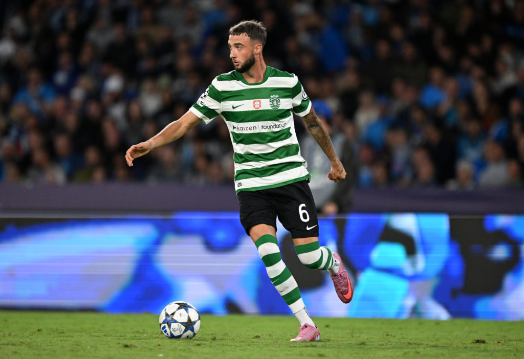 Zeno Debast of Sporting Clube de Portugal during the UEFA Champions League 2025/26 League Phase MD2 match between SSC Napoli and Sporting Clube de Portugal at Stadio Diego Armando Maradona