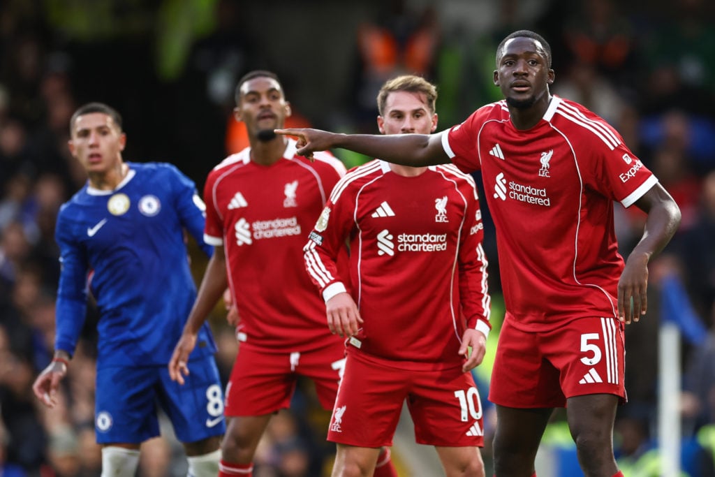 Ibrahima Konate of Liverpool during the Premier League match between Chelsea and Liverpool at Stamford Bridge