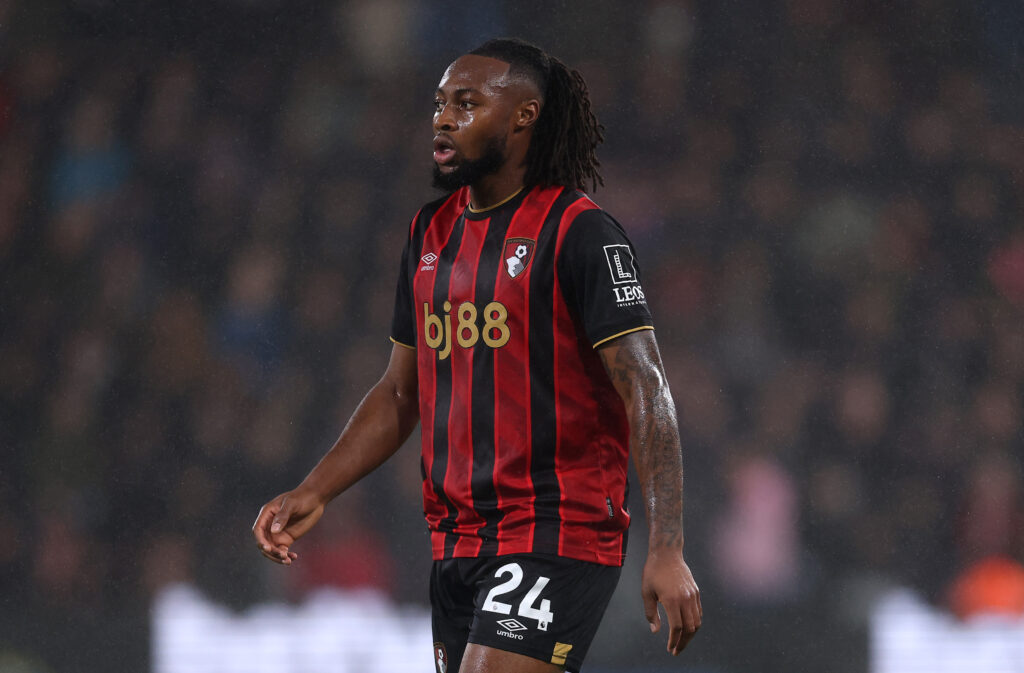 Antoine Semenyo in action for Bournemouth during the Premier League match against Fulham at the Vitality Stadium.