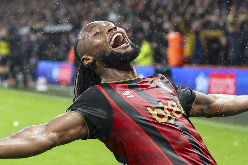 Antoine Semenyo celebrates after scoring against Fulham in the Premier League at the Vitality Stadium.