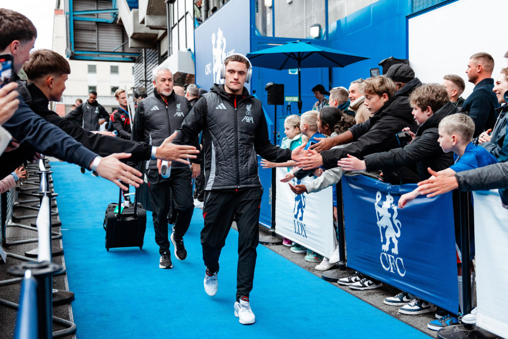 Florian Wirtz of Liverpool arrives at the stadium prior to the Premier League match between Chelsea and Liverpool at Stamford Bridge.