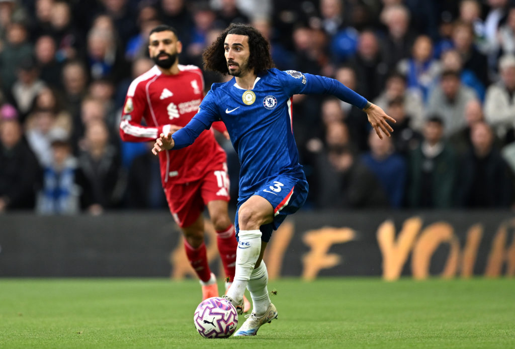 Marc Cucurella runs with the ball during Chelsea's Premier League match against Liverpool at Stamford Bridge.