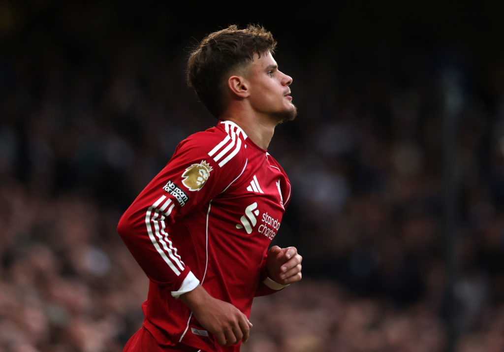 Milos Kerkez runs during Liverpool's game against Chelsea in the Premier League at Stamford Bridge.