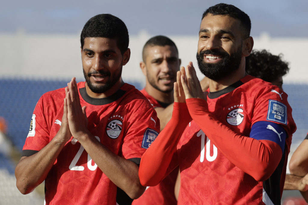 Mohamed Salah celebrates with Ibrahim Adel after scoring for Egypt in the FIFA World Cup qualifying match against Djibouti