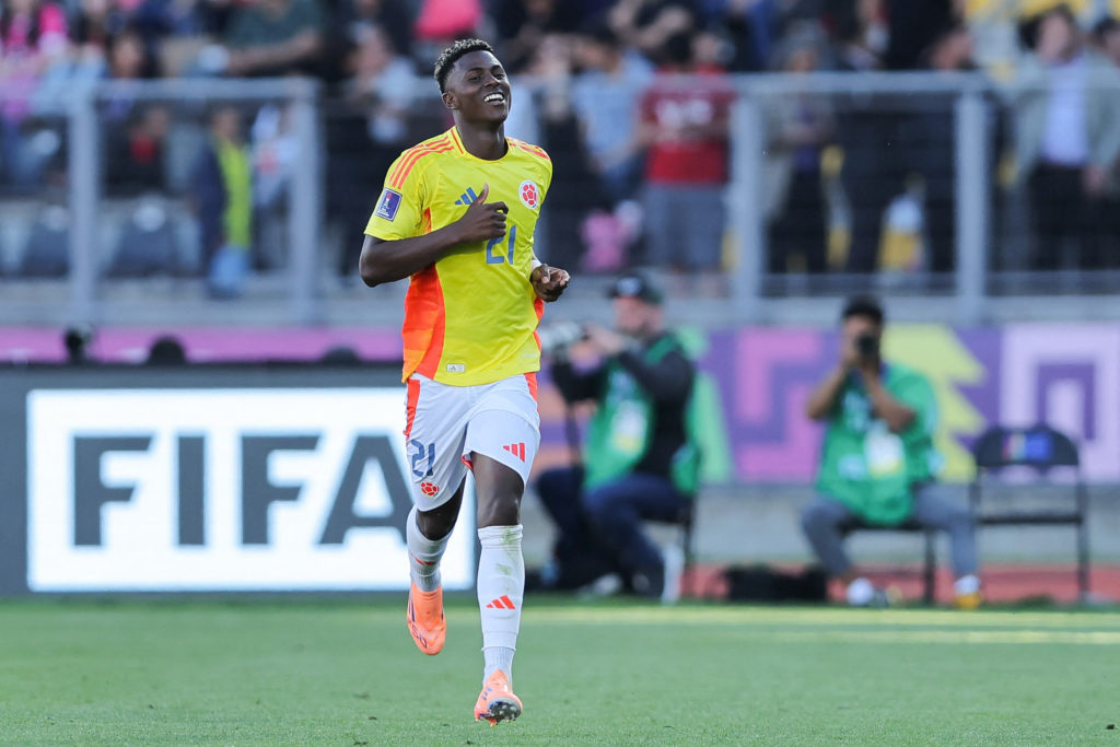 Neiser Villarreal celebrates after scoring during Colombia's FIFA U20 World Cup round of 16 match against South Africa.