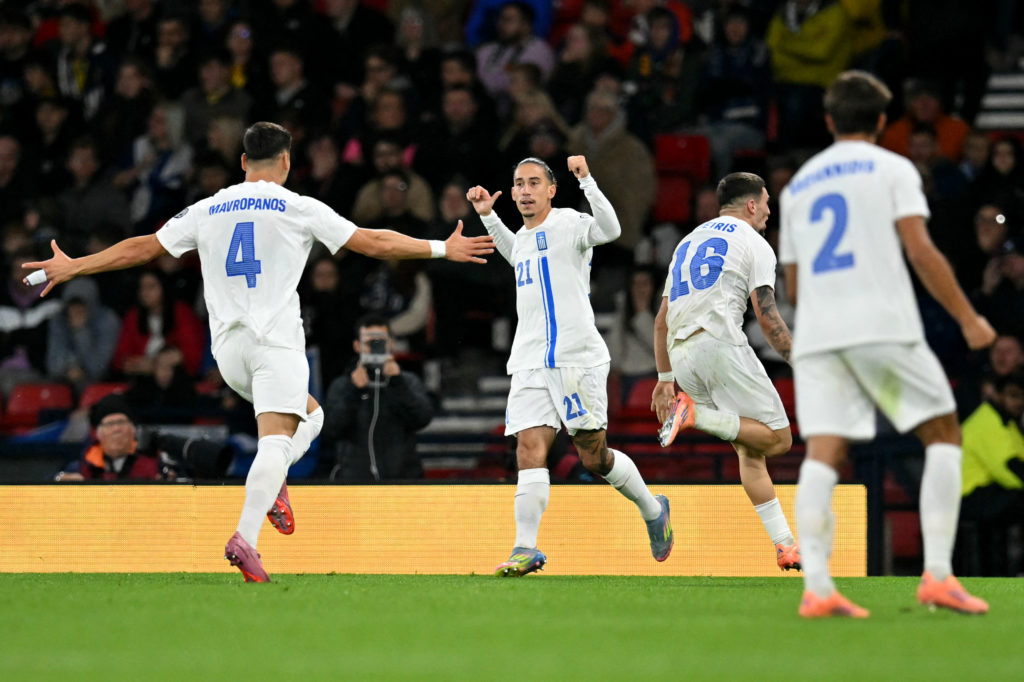 Kostas Tsimikas celebrates after scoring for Greece during their FIFA World Cup qualifier against Scotland at Hampden Park.