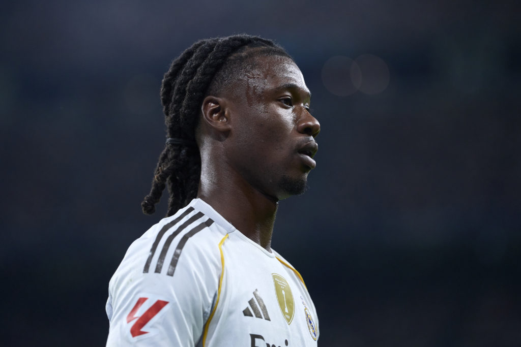 Eduardo Camavinga in action for Real Madrid during a La Liga match against Villarreal at Santiago Bernabeu stadium.