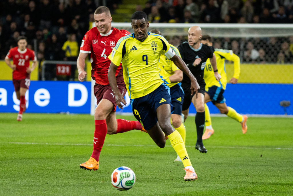Alexander Isak runs with the ball during Sweden's FIFA World Cup qualifying match against Switzerland in Stockholm