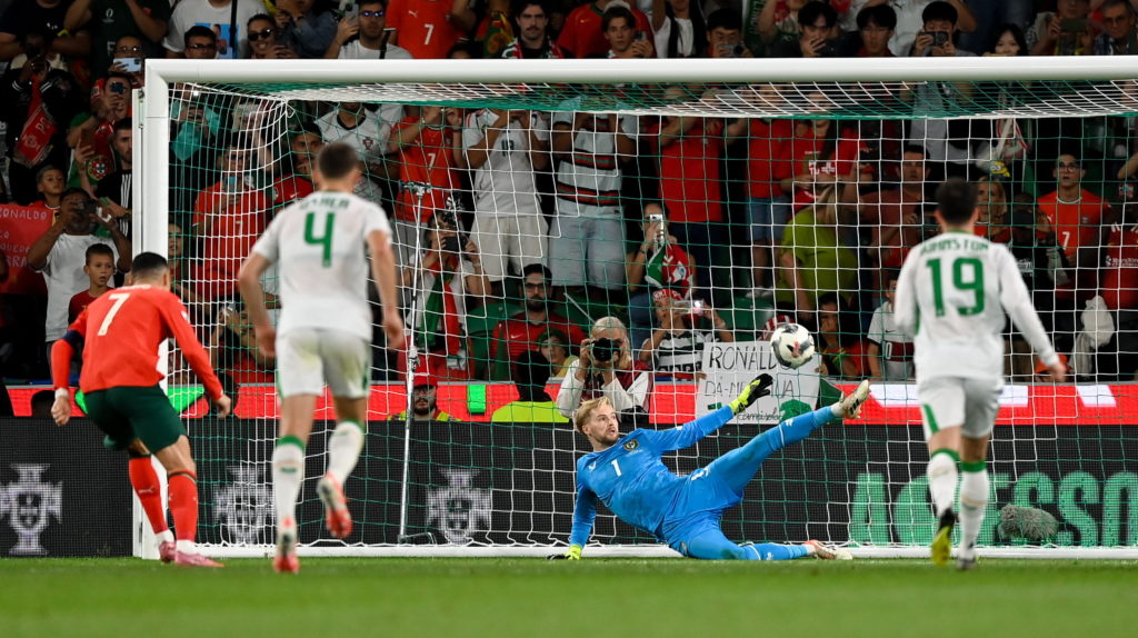 Caoimhin Kelleher saves a penalty from Cristiano Ronaldo during Ireland's FIFA World Cup qualifier against Portugal at Estadio Jose Alvalade