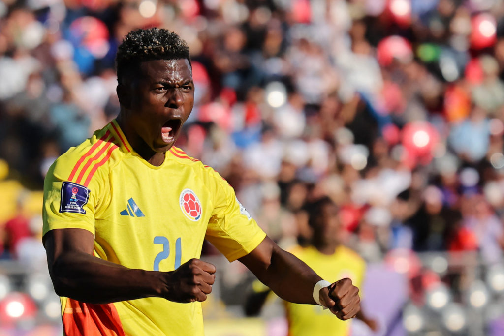 Neiser Villarreal celebrates after scoring for Colombia during the FIFA U20 World Cup against Spain.