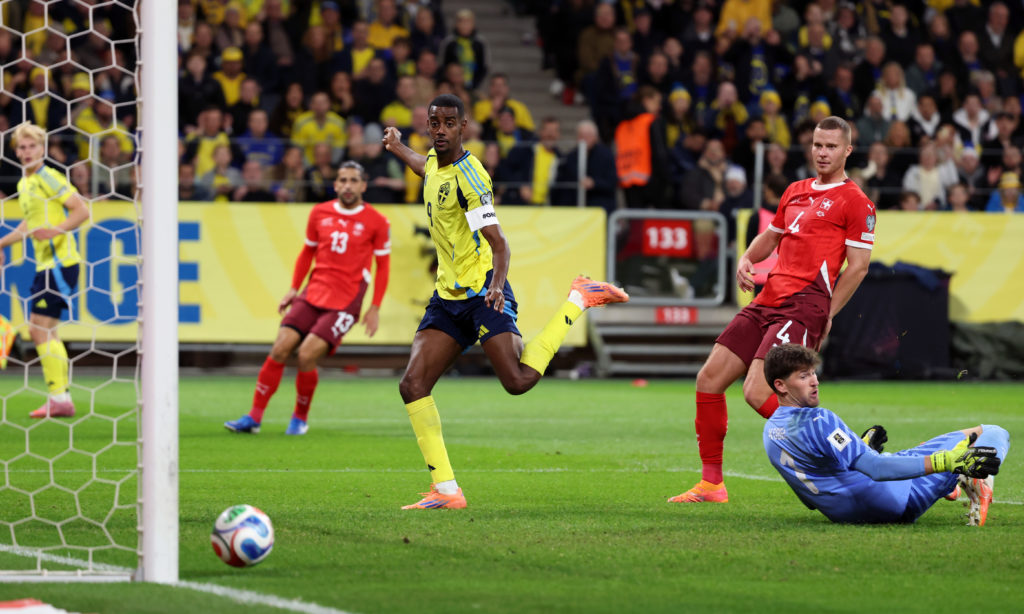Alexander Isak hits the post during Sweden's FIFA World Cup qualifying match against Switzerland.