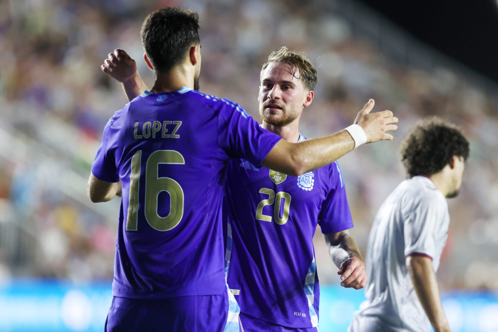 Alexis Mac Allister celebrates after scoring for Argentina during a friendly match against Puerto Rico at Chase Stadium