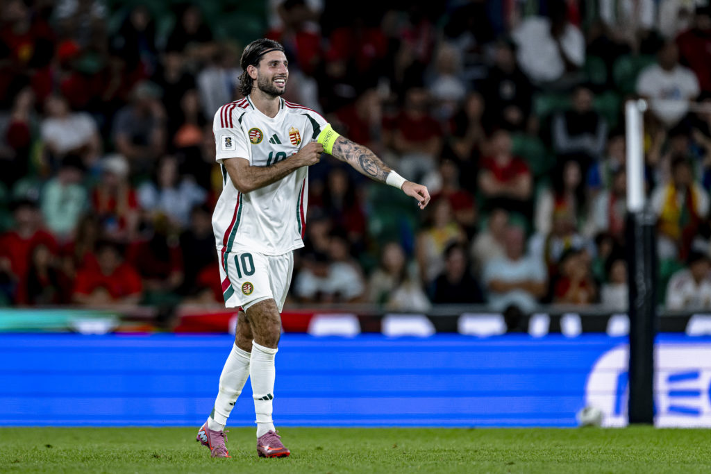 Hungary midfielder Dominik Szoboszlai celebrates the 2-2 goal during the match between Portugal and Hungary at the Estadio Jose Alvalade for the FIFA World Cup 2026 UEFA Qualifiers
